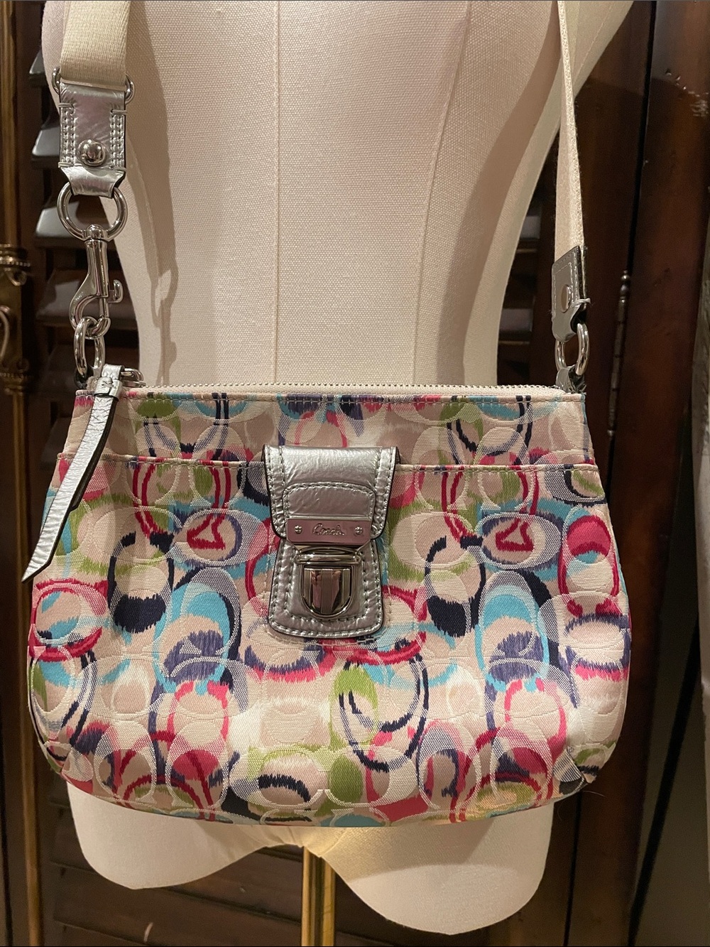 Coach Multicolor Signature Circle Print Crossbody with Silver Hardware Bag Purse